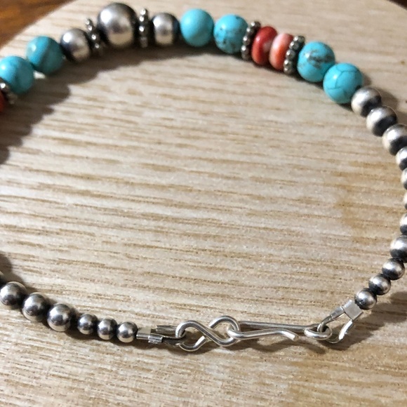 Authentic Turquoise and Coral Sterling Silver Indian pearl bracelet - Picture 2 of 2